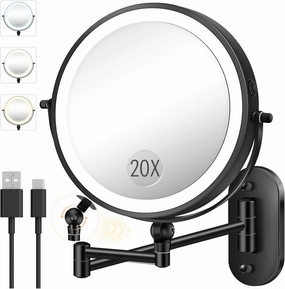 9" Wall Mounted Makeup Mirror with Light, 20X/1X Height Adjustable Double Sided Magnifying Bathroom Lighted Mirror, 3 Color Touch Dimmable Extended Arm 360 Rotation Light up Magnification Mirrors