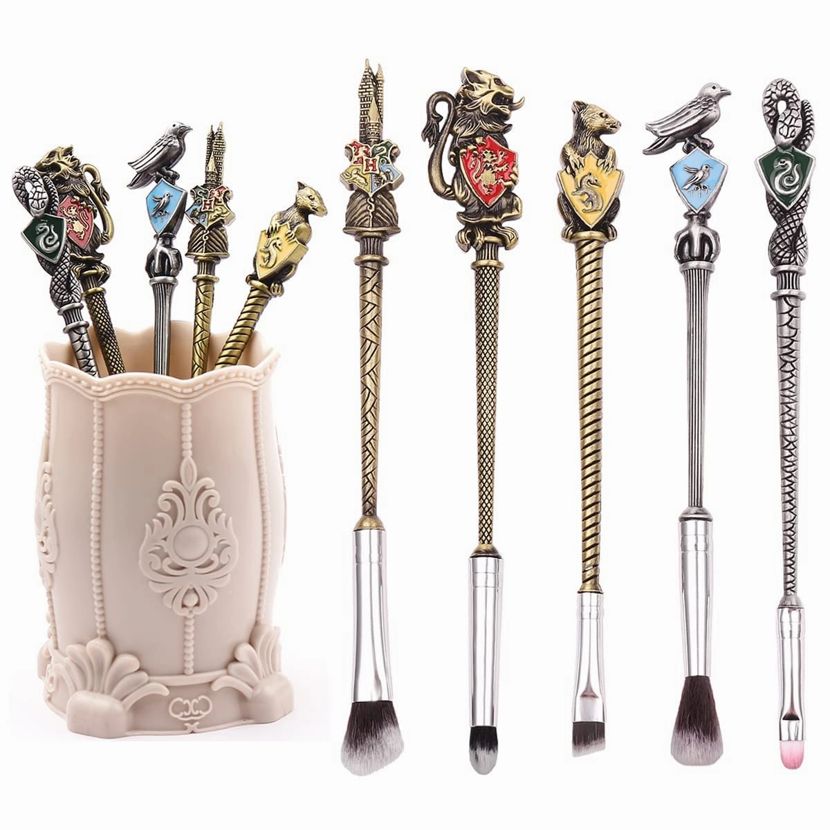 【2 Color Options】Metal Wand Gifts Makeup Brushes Set Wi-zard Wand Makeup Brushes Set Make Up Brushes for Women - Brushes Holder Pot Not Included HP_Bronze_5PCS