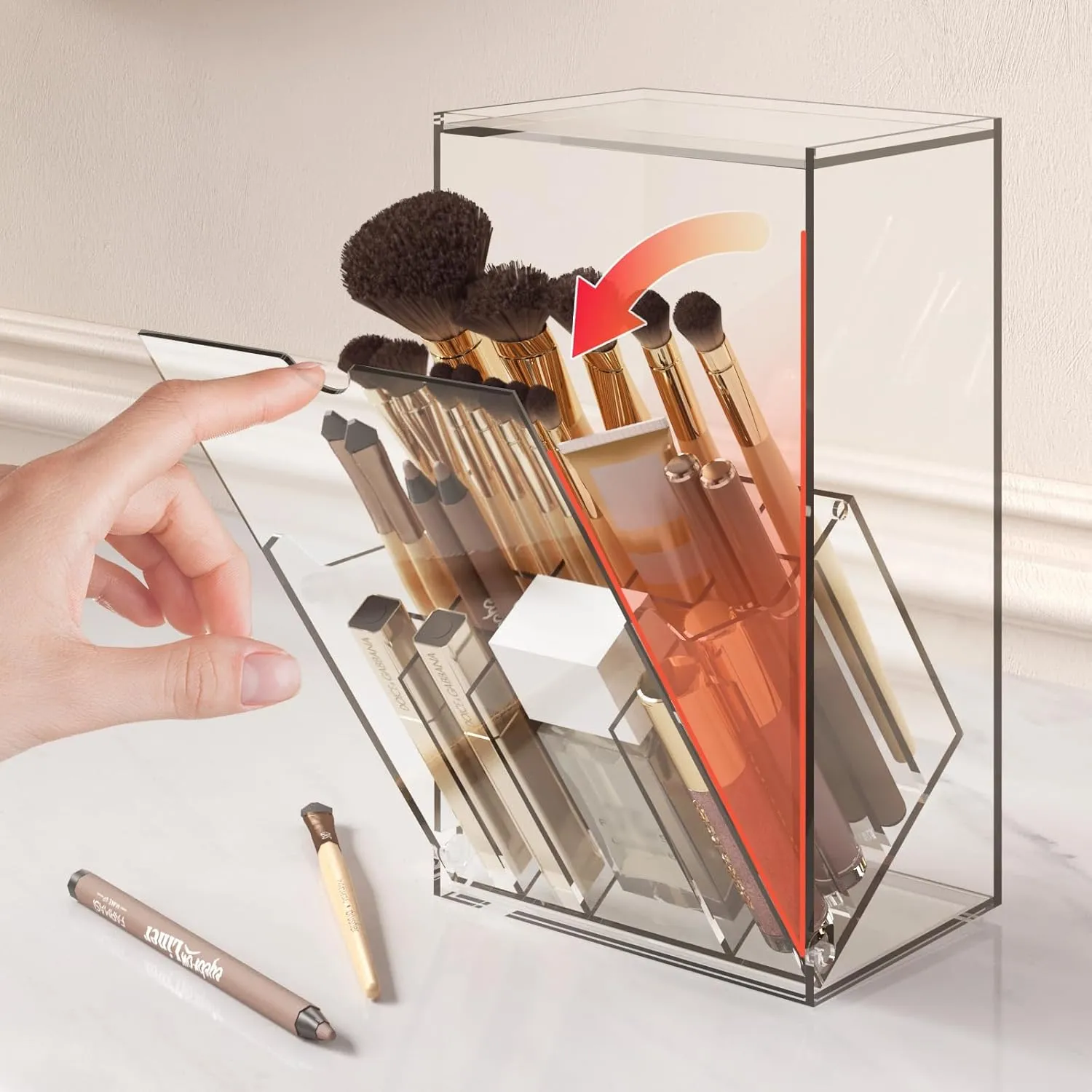 Acrylic Makeup Brush Holder Organizer with Lid，Tilt Open Cosmetic Make Up Brushes Case with 17 Slots for Vanity Bathroom Countertop