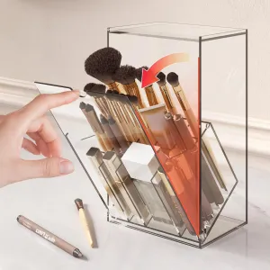 Acrylic Makeup Brush Holder Organizer with Lid，Tilt Open Cosmetic Make Up Brushes Case with 17 Slots for Vanity Bathroom Countertop