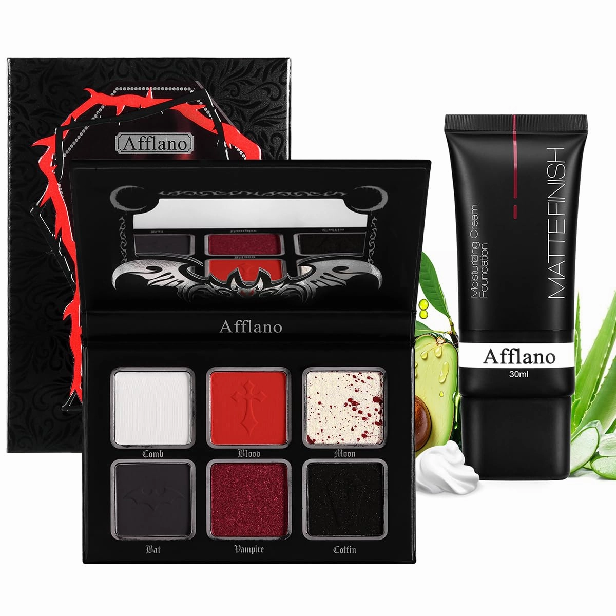 Afflano Goth Makeup Kit, Red Black Eyeshadow Palette   Color-Changing White Foundation/Eyeshadow Primer, Highly Pigmented, Full Coverage, Versatile Shades for Gothic, Halloween Everyday Face Makeup