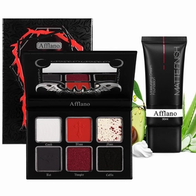Afflano Goth Makeup Kit, Red Black Eyeshadow Palette   Color-Changing White Foundation/Eyeshadow Primer, Highly Pigmented, Full Coverage, Versatile Shades for Gothic, Halloween Everyday Face Makeup
