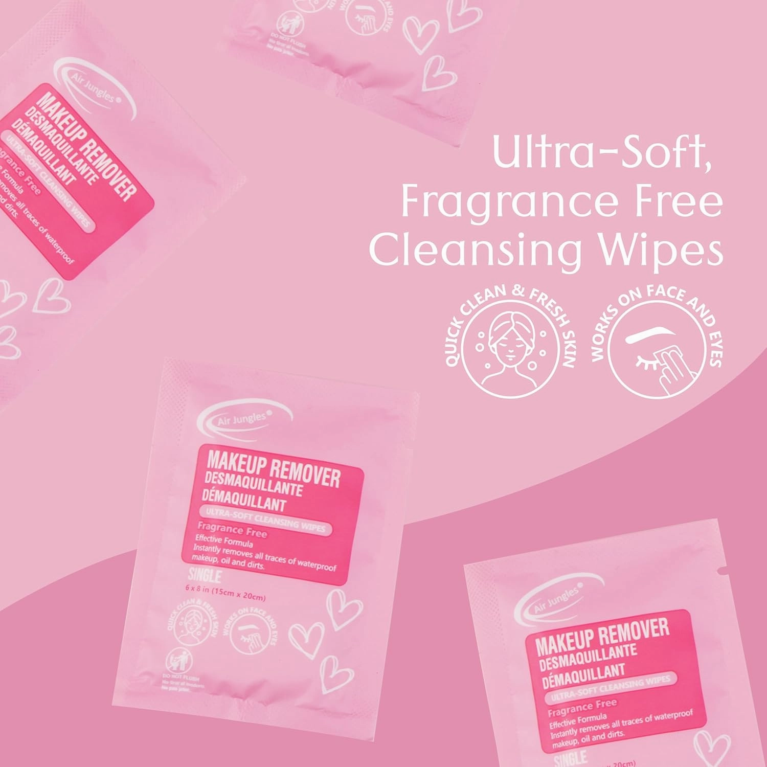 Air Jungles Makeup Remover Wipes Singles 25 Count (Pack of 3), Extra Large 6" x 8", Fragrance-Free, Removes Makeup and Oil, Ultra-Soft Cleansing Wipes, Alcohol Free