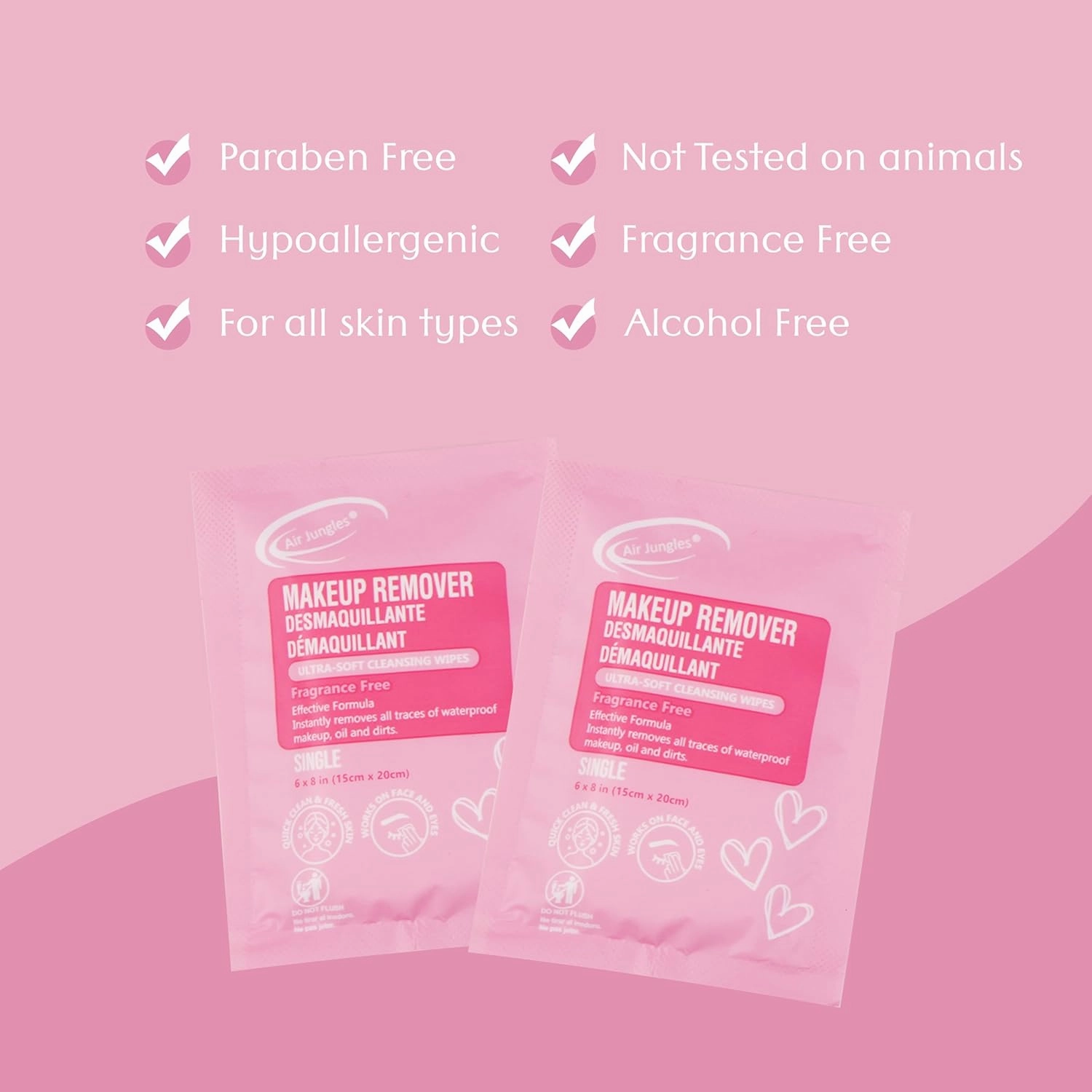 Air Jungles Makeup Remover Wipes Singles 25 Count (Pack of 3), Extra Large 6" x 8", Fragrance-Free, Removes Makeup and Oil, Ultra-Soft Cleansing Wipes, Alcohol Free