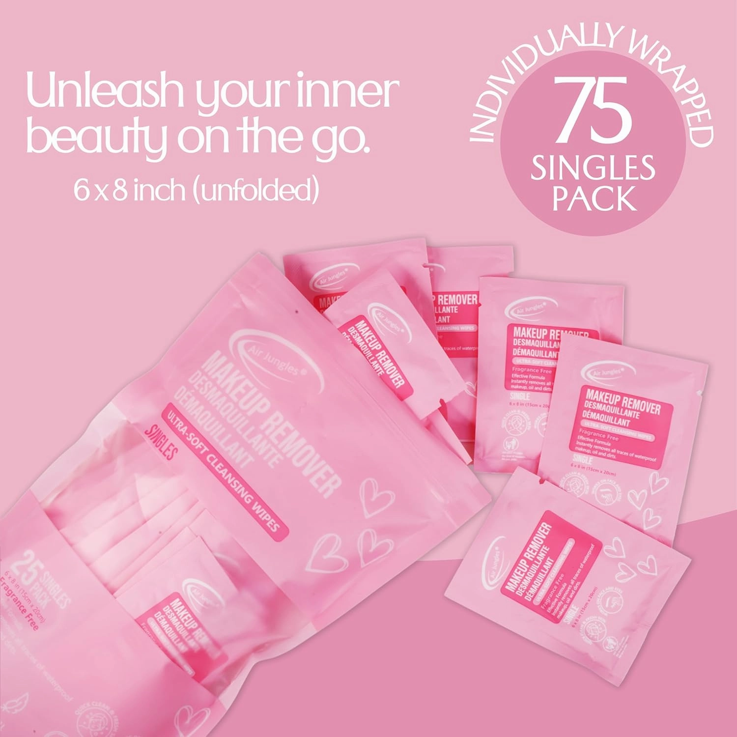 Air Jungles Makeup Remover Wipes Singles 25 Count (Pack of 3), Extra Large 6" x 8", Fragrance-Free, Removes Makeup and Oil, Ultra-Soft Cleansing Wipes, Alcohol Free