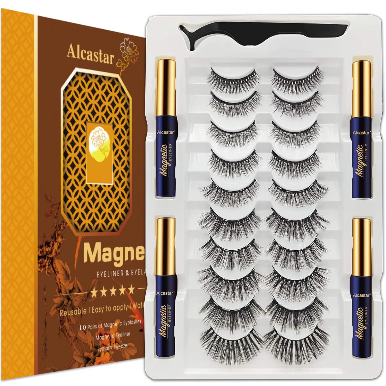 Alcastar Magnetic Eyelashes and Eyeliner Kit,Magnetic Eyelash With Applicator,Reusable False Eyelashes Easy to Wear, No Glue Needed, Sweatproof (ATZ1004A-6)