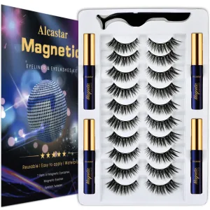Alcastar Magnetic Eyelashes and Eyeliner Kit,Magnetic Eyelash With Applicator,Reusable False Eyelashes Easy to Wear, No Glue Needed, Sweatproof (BA10-4-222)