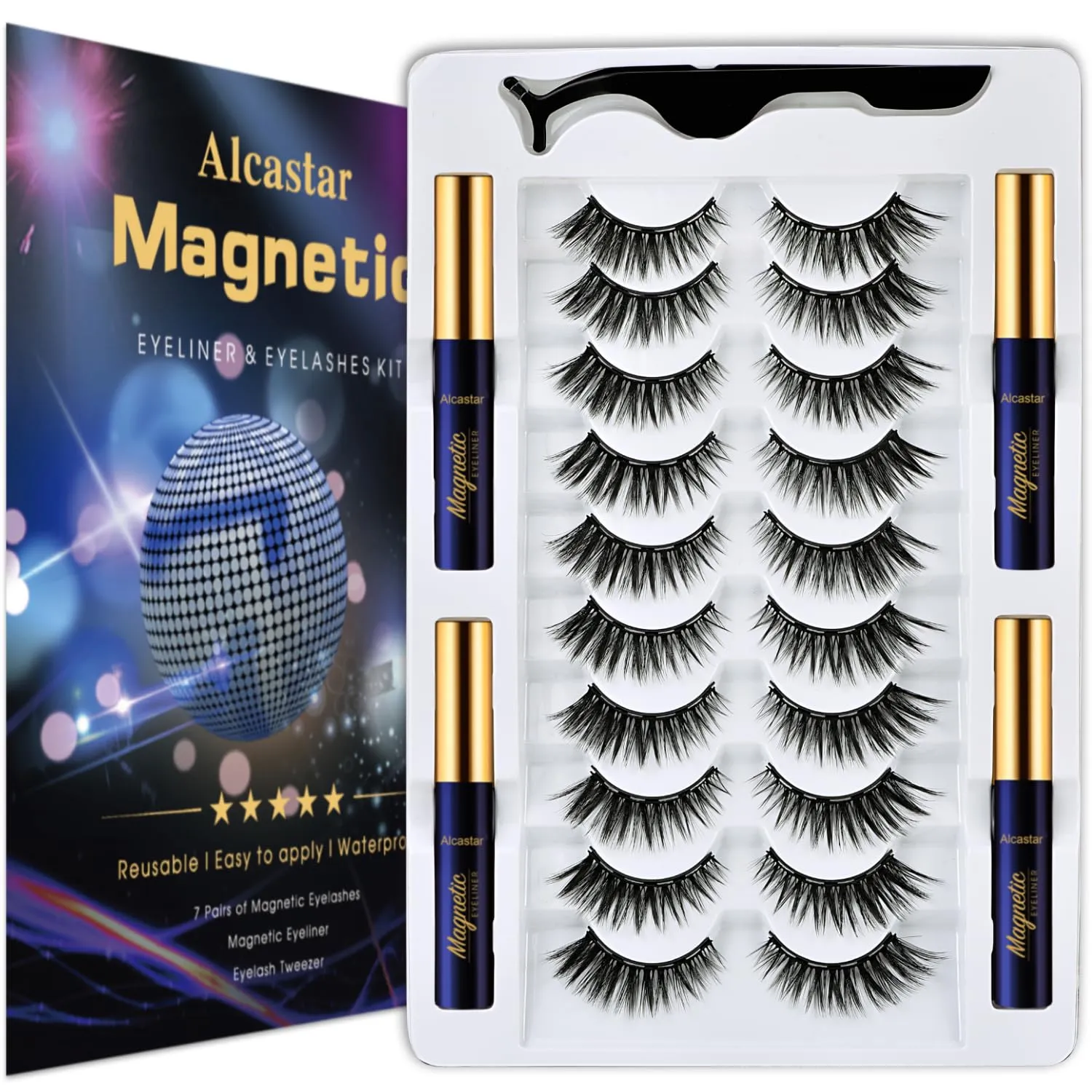 Alcastar Magnetic Eyelashes and Eyeliner Kit,Magnetic Eyelash With Applicator,Reusable False Eyelashes Easy to Wear, No Glue Needed, Sweatproof (BA10-4-222)