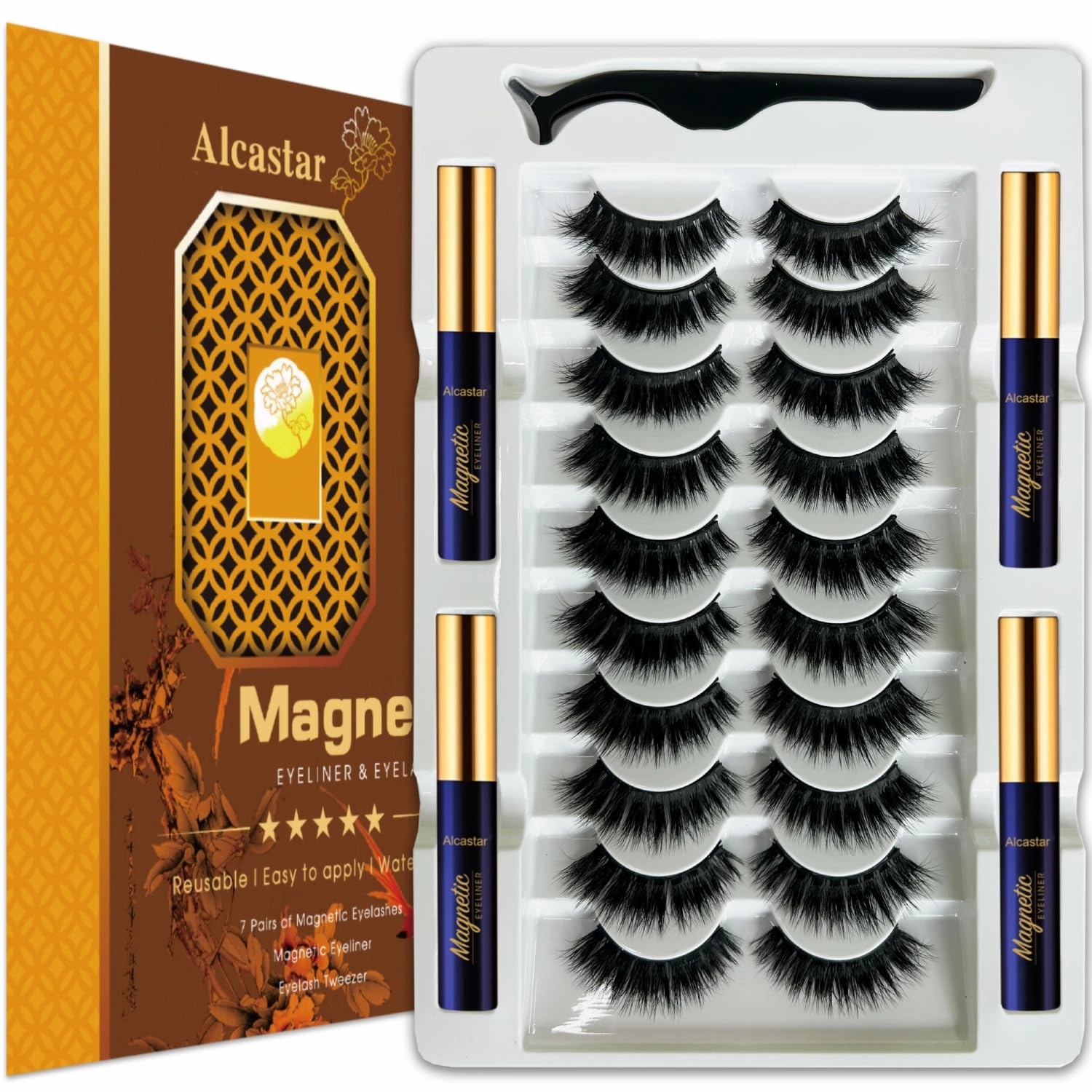 Alcastar Magnetic Eyelashes and Eyeliner Kit,Magnetic Eyelash With Applicator,Reusable False Eyelashes Easy to Wear, No Glue Needed, Sweatproof (BT-100426)