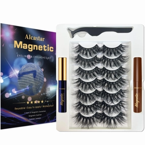 Alcastar Magnetic Eyelashes and Eyeliner Kit,Magnetic Eyelash With Applicator,Reusable False Eyelashes Easy to Wear, No Glue Needed, Sweatproof (Mink Fluffy7-201)
