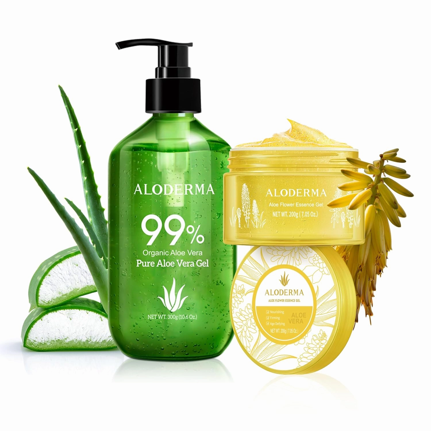 Aloderma Aloe Vera Gel Set 2 Pack - Aloe Flower Essence Gel, 300 Pure Aloe Vera Gel