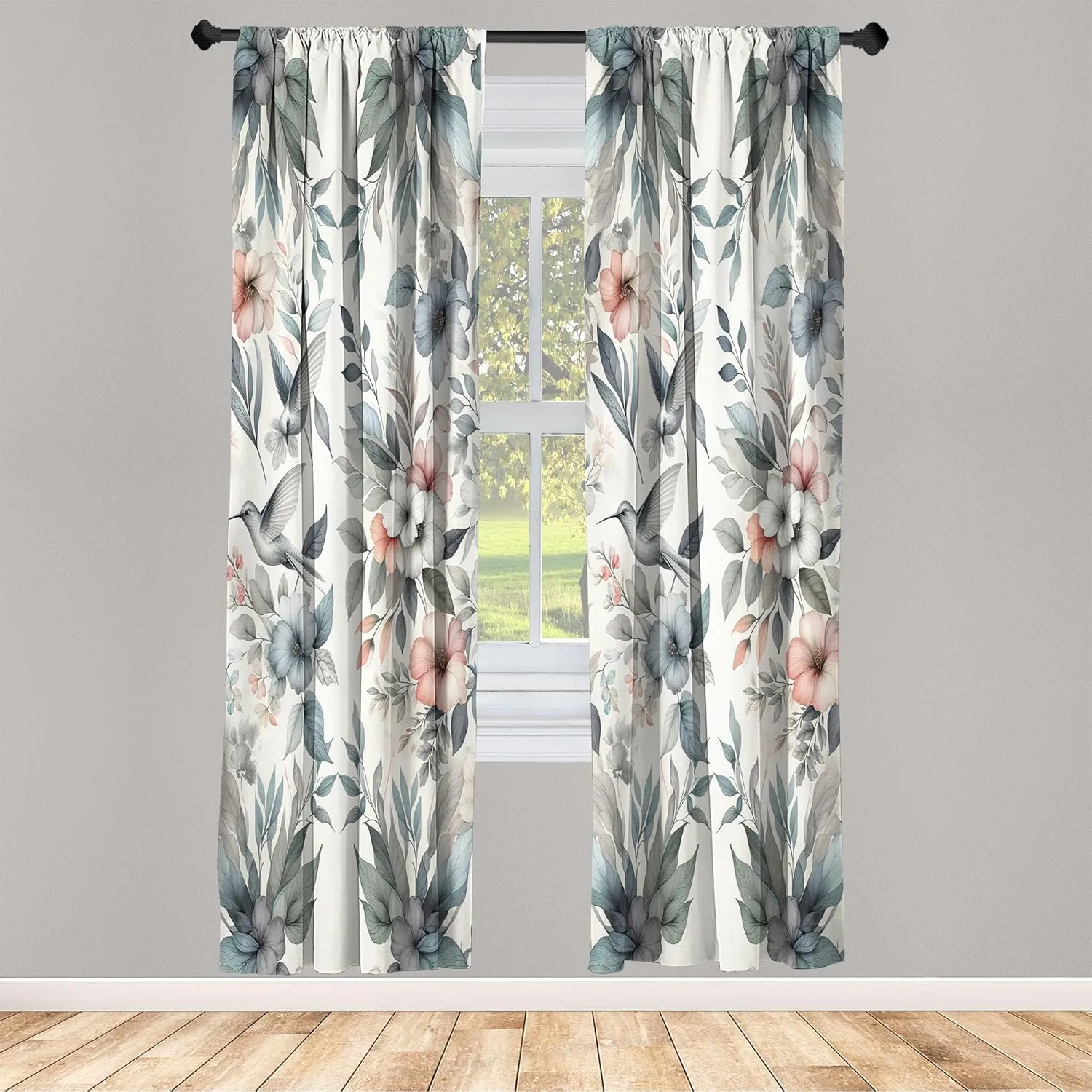 Ambesonne Birds and Nature Curtains, Muted Tone Leafy Floral Huddles with Hummingbirds Urban Jungle, Window Treatments 2 Panel Set for Living Room Bedroom, Pair of - 28" x 63", Blue Grey Dried Rose