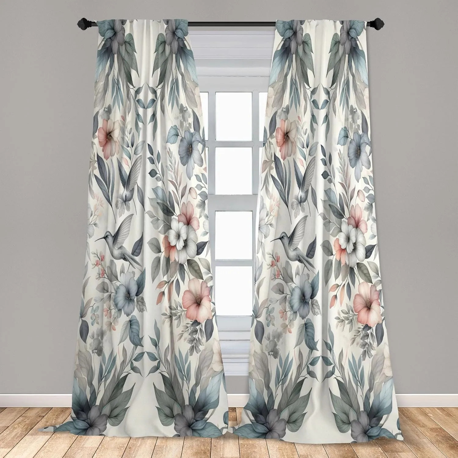 Ambesonne Birds and Nature Curtains, Muted Tone Leafy Floral Huddles with Hummingbirds Urban Jungle, Window Treatments 2 Panel Set for Living Room Bedroom, Pair of - 28" x 63", Blue Grey Dried Rose