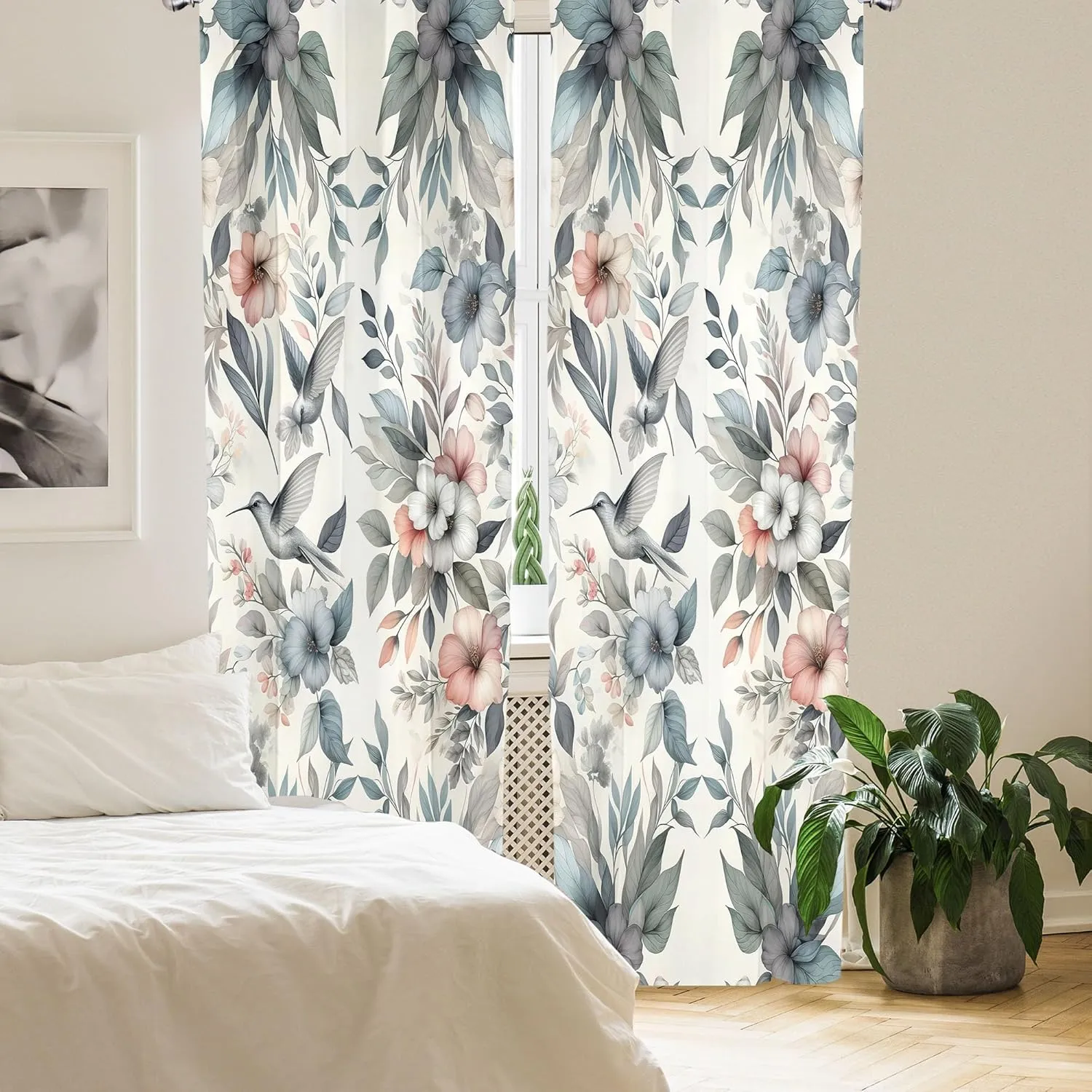 Ambesonne Birds and Nature Curtains, Muted Tone Leafy Floral Huddles with Hummingbirds Urban Jungle, Window Treatments 2 Panel Set for Living Room Bedroom, Pair of - 28" x 63", Blue Grey Dried Rose