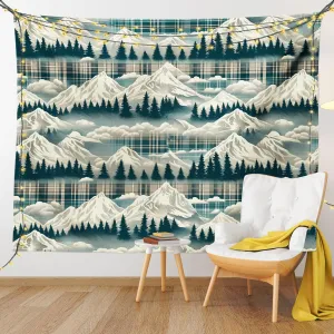 Ambesonne Christmas Tapestry, Snowy Mountain Range Art with Foggy Pine Trees on Greenish Plaid Back, Wide Wall Hanging for Bedroom Living Room Dorm, 60" X 40", Off White Teal Sepia