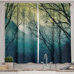 Ambesonne Nature Kitchen Curtains, Surreal Morning in The Foggy Misty Forest Mountain Valley Habitat Themed Himalayan, Window Drapes 2 Panel Set for Kitchen Cafe Decor, 55" X 39", Petrol Blue