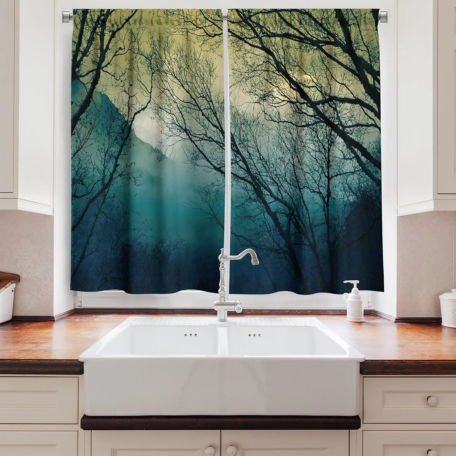 Ambesonne Nature Kitchen Curtains, Surreal Morning in The Foggy Misty Forest Mountain Valley Habitat Themed Himalayan, Window Drapes 2 Panel Set for Kitchen Cafe Decor, 55" X 39", Petrol Blue