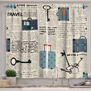 Ambesonne Old Newspaper Kitchen Curtains, Retro Styled Travel Vacation Theme Vintage Suitcases Keys Dot Text, Window Drapes 2 Panel Set for Kitchen Cafe Decor, 55" X 39", Black Cream