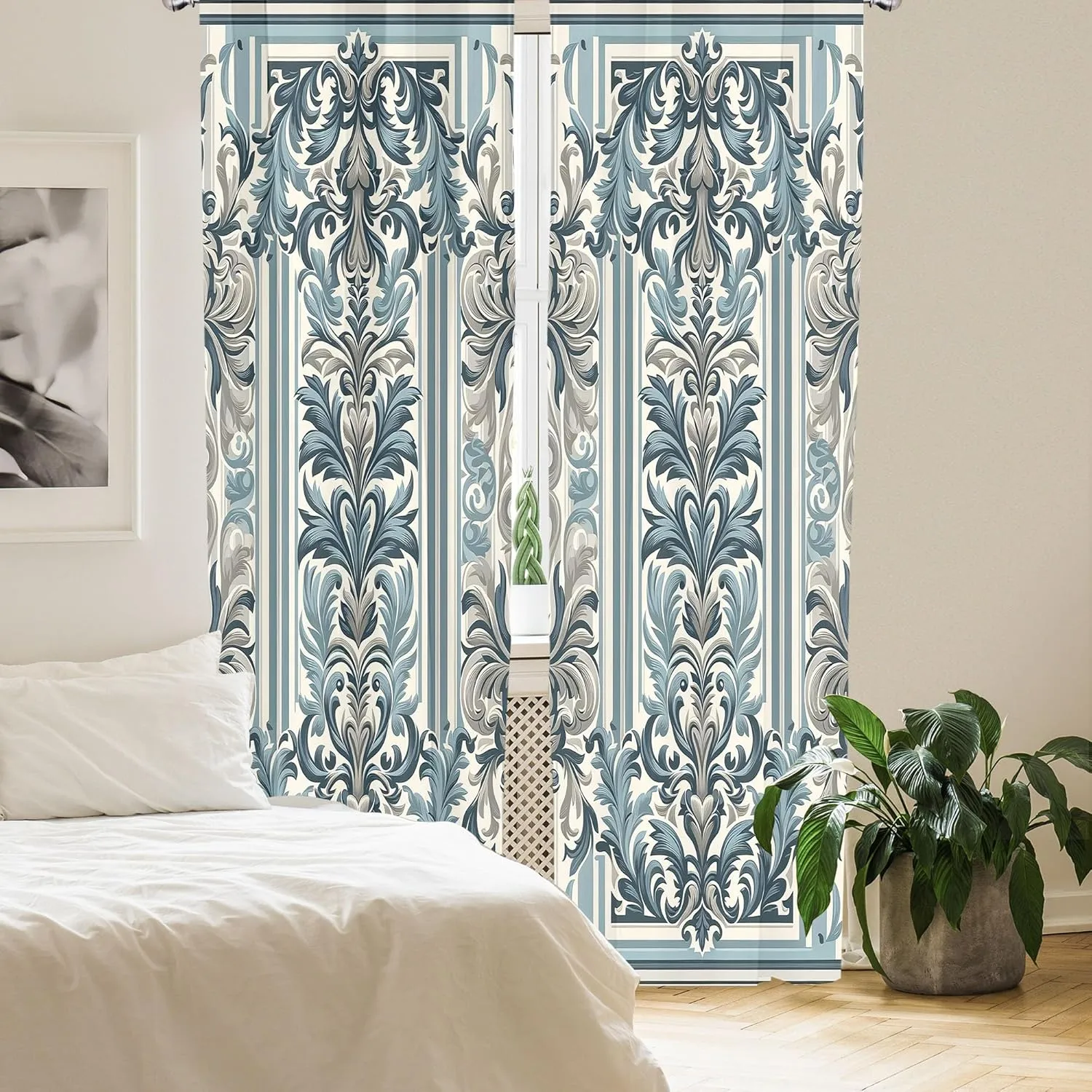 Ambesonne Victorian Window Curtains, Cold Tone Curlicue Leaves with Baroque Artwork with Stripes Cultural, Lightweight Decor 2-Panel Set with Rod Pocket, Pair of - 28" x 63", Blue Grey Ivory Dimgray