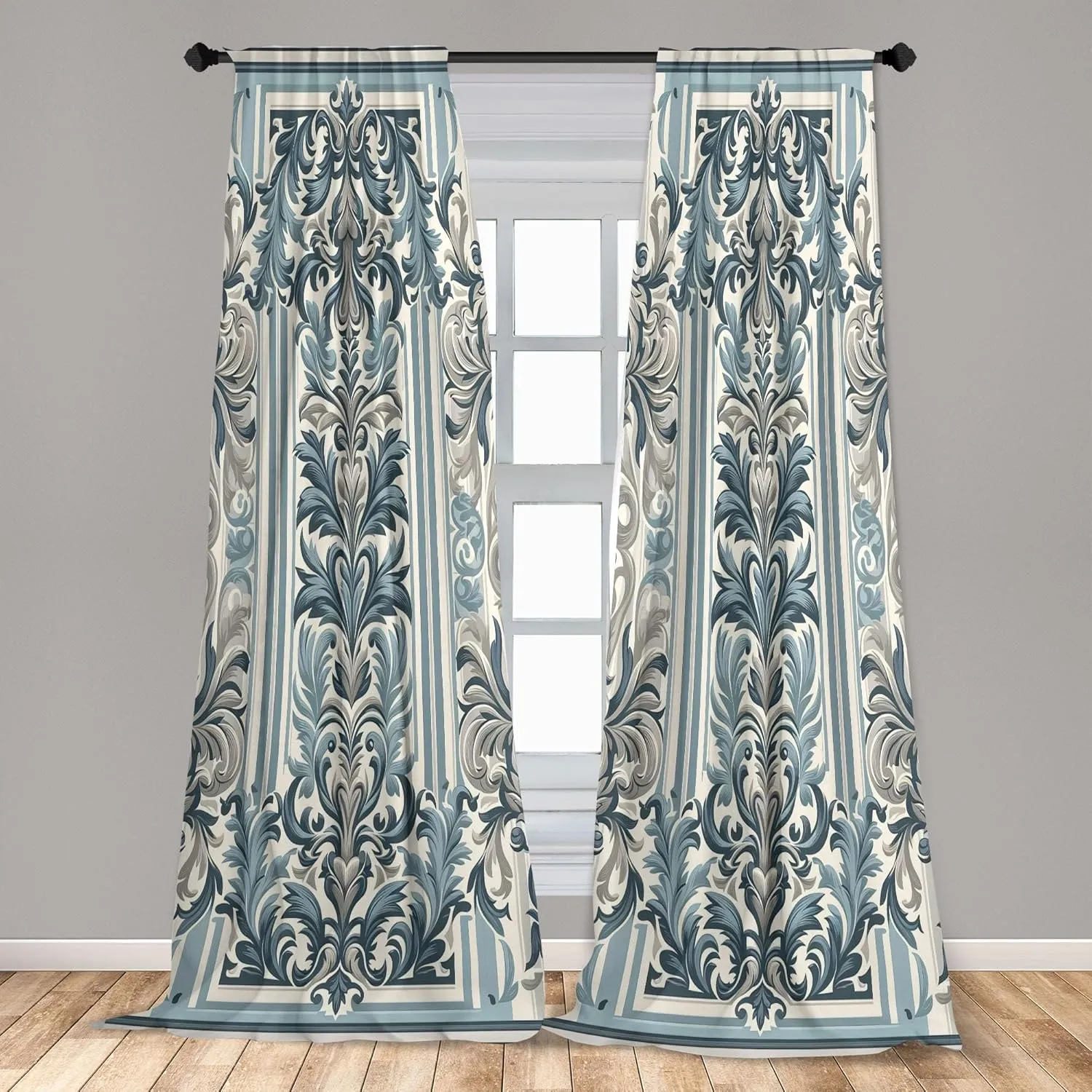 Ambesonne Victorian Window Curtains, Cold Tone Curlicue Leaves with Baroque Artwork with Stripes Cultural, Lightweight Decor 2-Panel Set with Rod Pocket, Pair of - 28" x 63", Blue Grey Ivory Dimgray