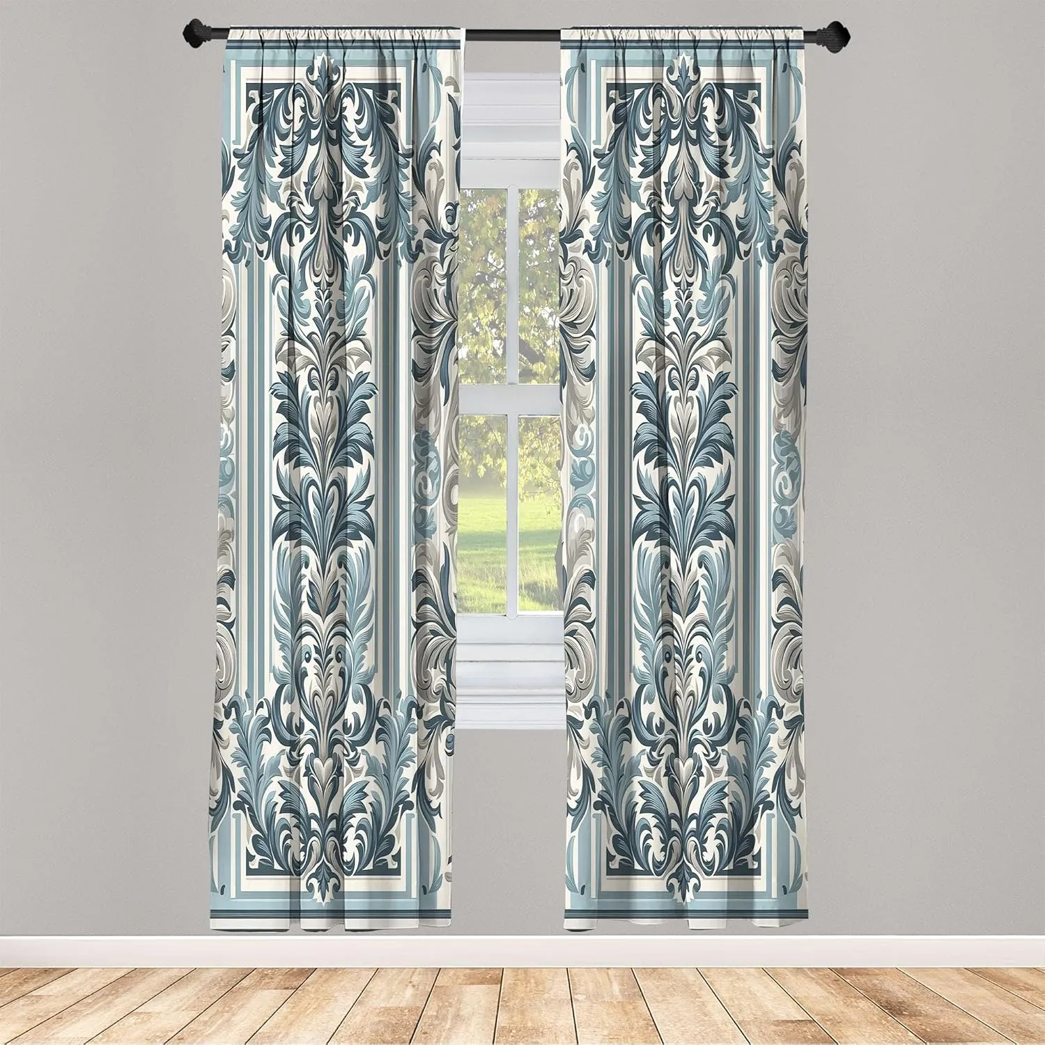 Ambesonne Victorian Window Curtains, Cold Tone Curlicue Leaves with Baroque Artwork with Stripes Cultural, Lightweight Decor 2-Panel Set with Rod Pocket, Pair of - 28" x 63", Blue Grey Ivory Dimgray