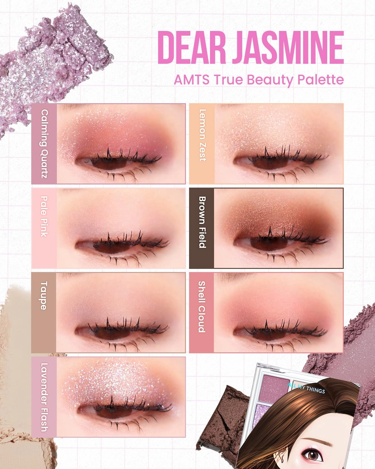 AMTS True Beauty Dear Jasmine Eyeshadow Palette, Matte Shimmer Glitter Highly Pigmented,Ultra-Blendable Naturing-Looking Day to Night Long Lasting, Cheek blush, K Beauty