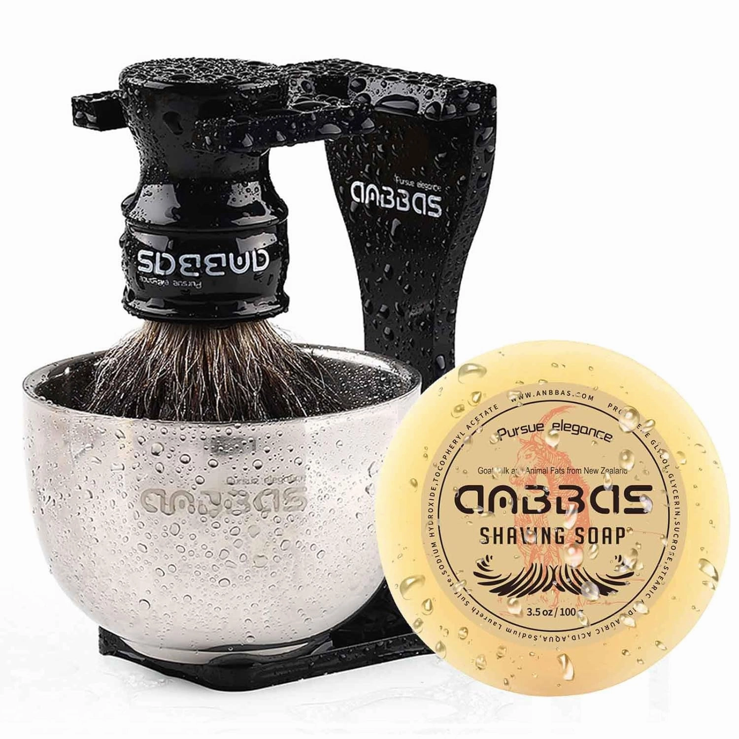 Anbbas Black Badger Hair Shaving Brush Resin Handle and Acrylic Thicken Shaving Stand,Stainless Steel Shaving Bowl and Goat Milk Soap 4in1 Gift Set for Men Wet Shave