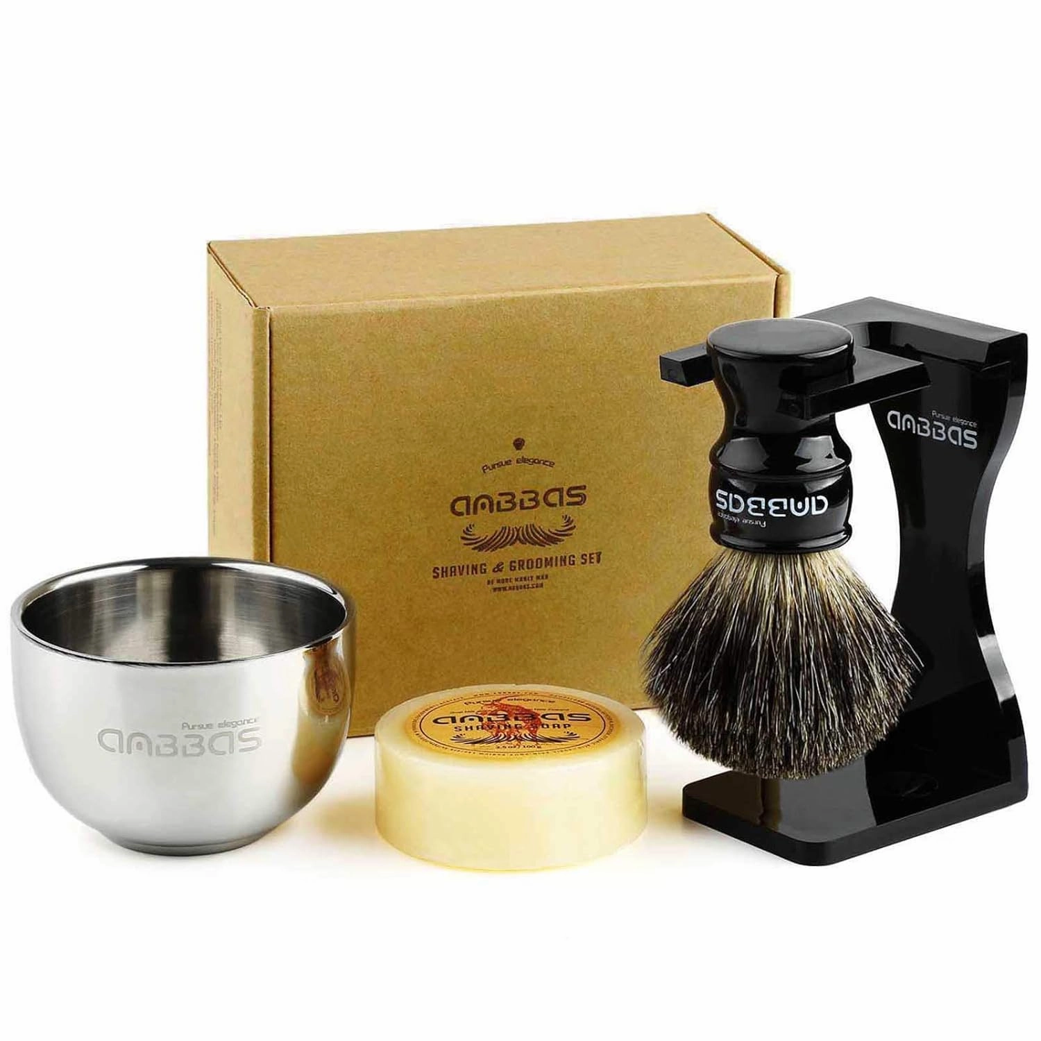 Anbbas Black Badger Hair Shaving Brush Resin Handle and Acrylic Thicken Shaving Stand,Stainless Steel Shaving Bowl and Goat Milk Soap 4in1 Gift Set for Men Wet Shave