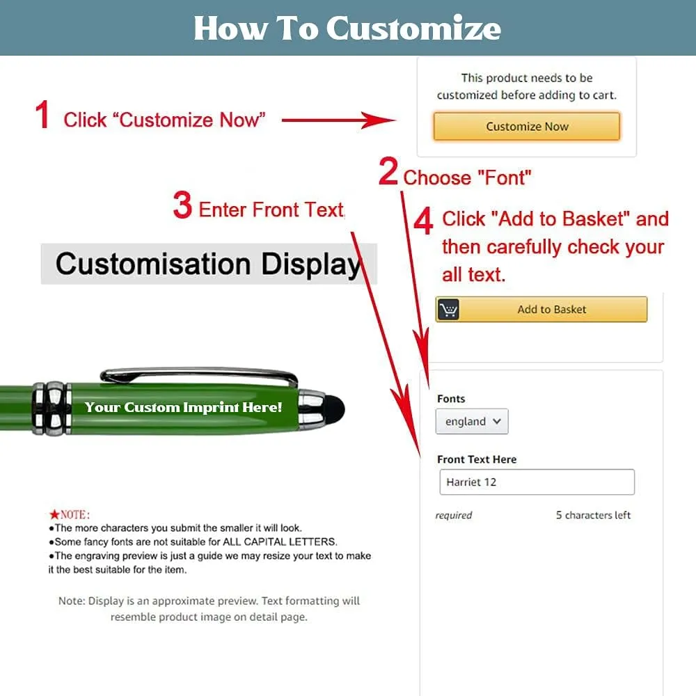 Ancolo Custom Executive Pens Stylus Tip School Writing Set Metal body - Engraved Personal Name pens - with Your Team Name or Slogan/Phone number/Address- 10 Pens/Box