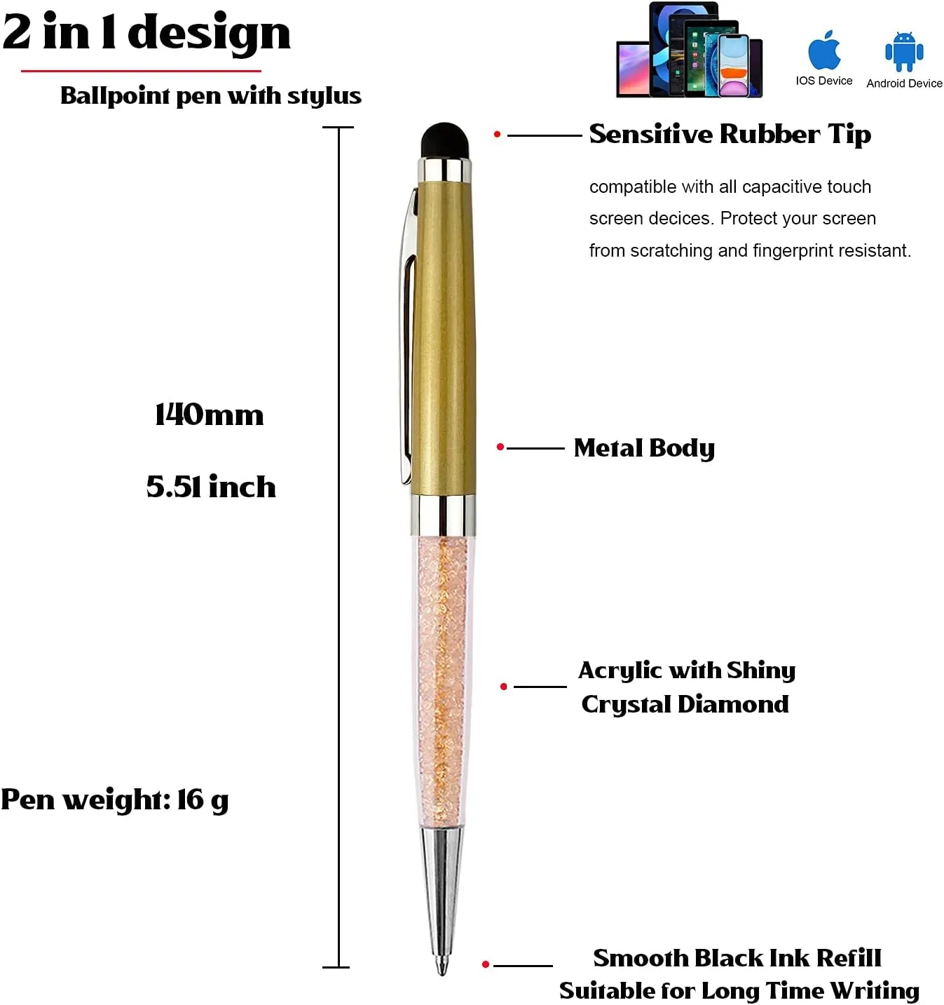 Ancolo Personalized ball Pens with Crystal Stylus Tip - Smooth Writing Set - Engraved with Your Name/Slogan/Address - Gift for Teacher/Manager/Lawyer/Professor 10 PCS/Box (Gold)