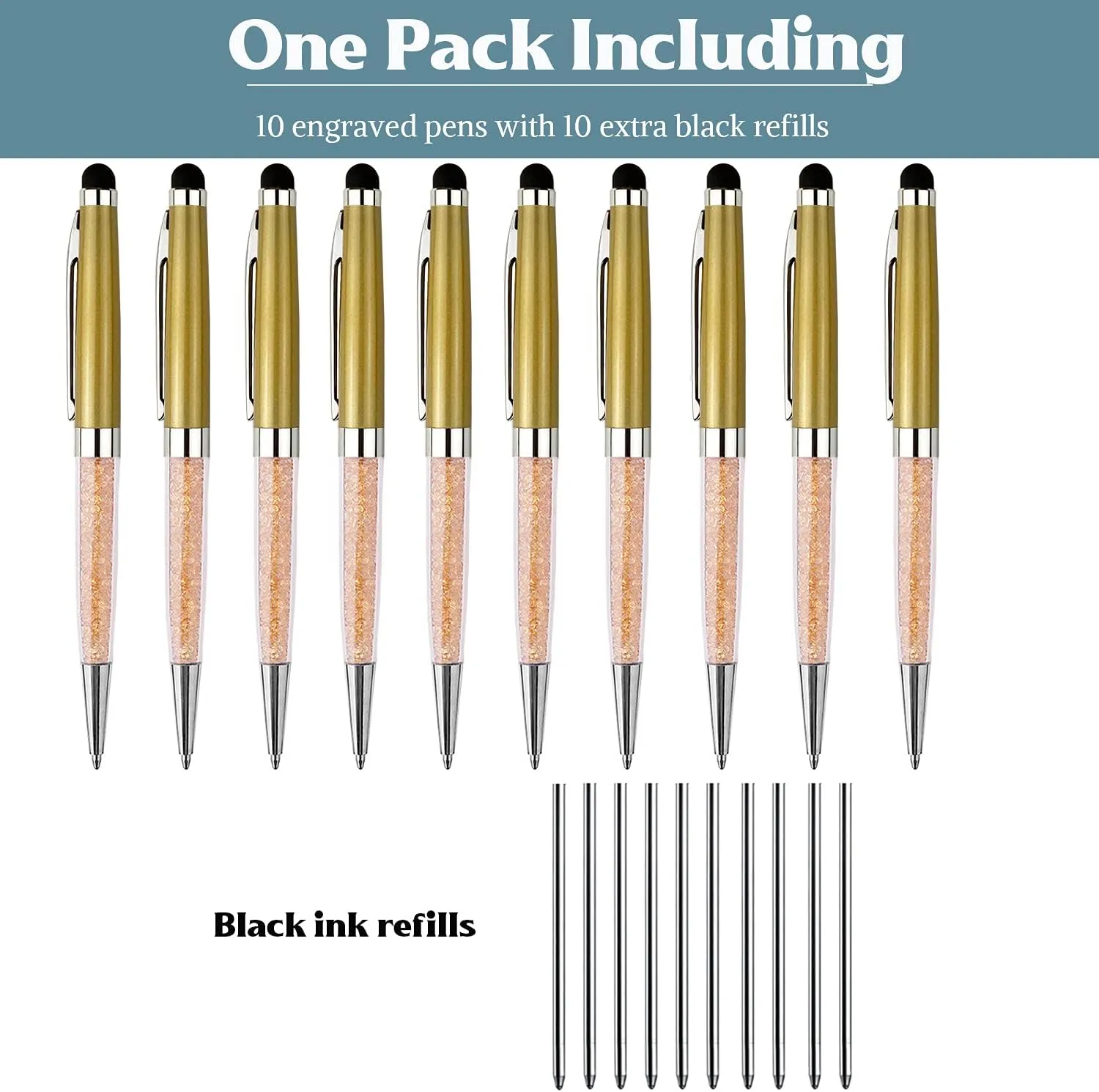 Ancolo Personalized ball Pens with Crystal Stylus Tip - Smooth Writing Set - Engraved with Your Name/Slogan/Address - Gift for Teacher/Manager/Lawyer/Professor 10 PCS/Box (Gold)