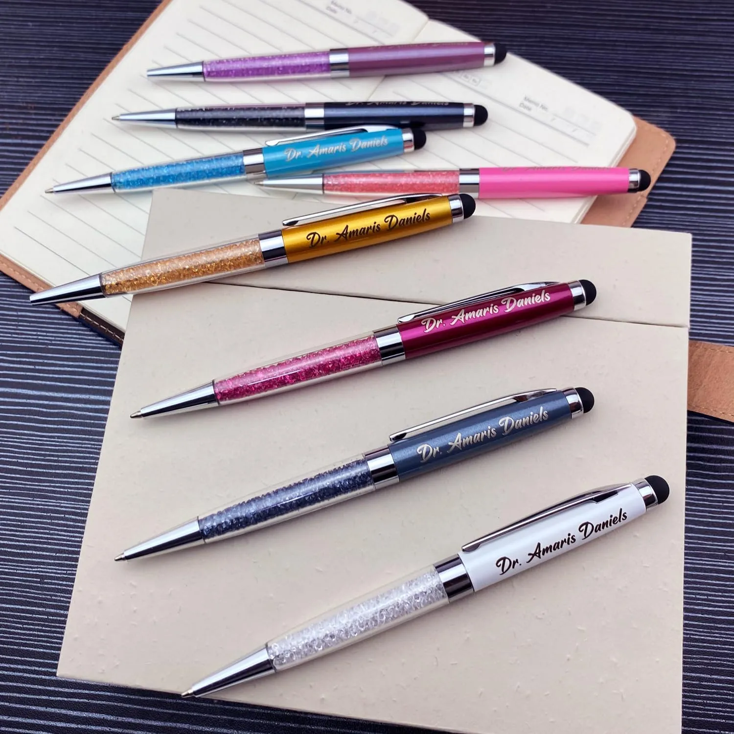 Ancolo Personalized ball Pens with Crystal Stylus Tip - Smooth Writing Set - Engraved with Your Name/Slogan/Address - Gift for Teacher/Manager/Lawyer/Professor 10 PCS/Box (Gold)