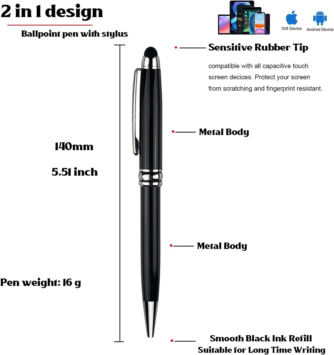 Ancolo Personalized Ballpoint Pens with Stylus - Engraved with Your Message Name/Phone Number Metal Body Black ink Gift for Bank, Office, Hotel Lobbies, Groomsmen Gift 10 Pens/Box