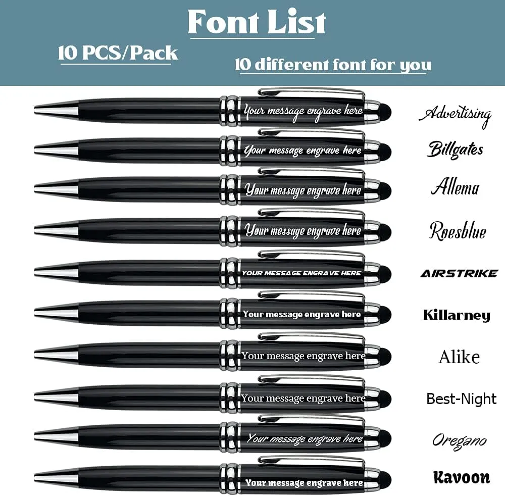 Ancolo Personalized Ballpoint Pens with Stylus - Engraved with Your Message Name/Phone Number Metal Body Black ink Gift for Bank, Office, Hotel Lobbies, Groomsmen Gift 10 Pens/Box
