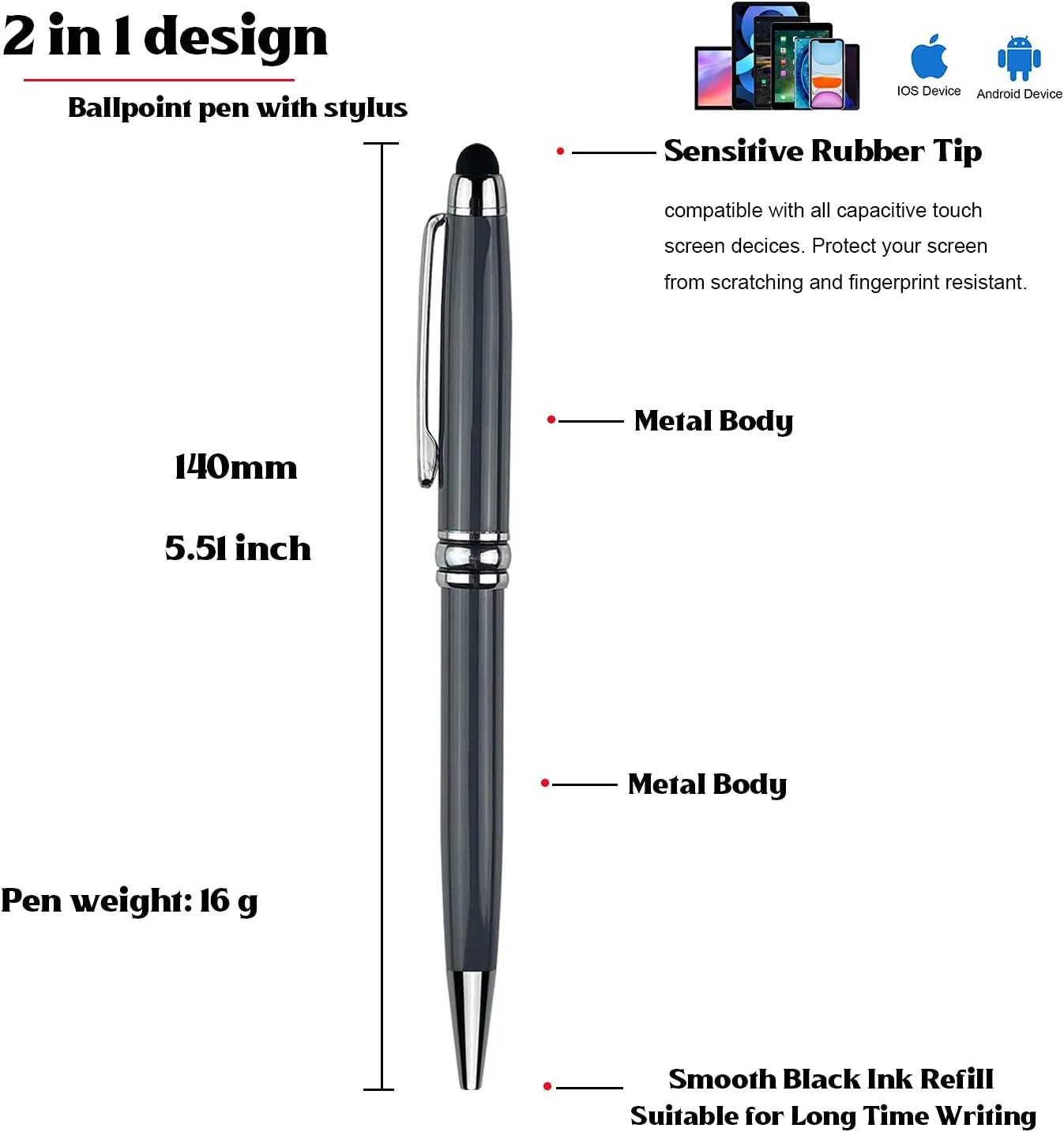 Ancolo Personalized Fancy Pens with Stylus Tip for Touch Screen Phones Office Writing Set- Engraved with Your Message Name Company Team Name, Phone Number Gift for Business Men 10 Pens/Box