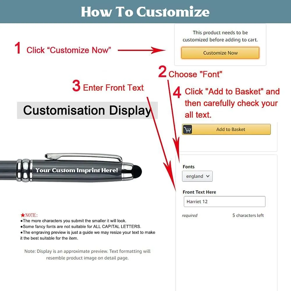 Ancolo Personalized Fancy Pens with Stylus Tip for Touch Screen Phones Office Writing Set- Engraved with Your Message Name Company Team Name, Phone Number Gift for Business Men 10 Pens/Box