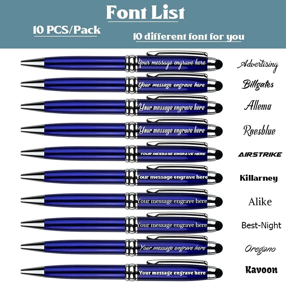 Ancolo Personalized retractable pens with Stylus tip stylish pens - Engraved with Your Name or Message, Phone Number Black ink Perfect for Bank, Office, Hotel Lobbies 10 Pens/Box