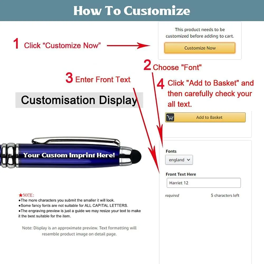 Ancolo Personalized retractable pens with Stylus tip stylish pens - Engraved with Your Name or Message, Phone Number Black ink Perfect for Bank, Office, Hotel Lobbies 10 Pens/Box