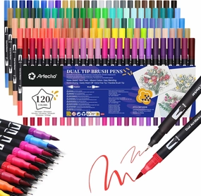 Artecho 120 Colors Markers for Adult Coloring Books No Bleeding, Dual Tip Markers for School, Fine and Brush Tip for Adults Coloring Books, Calligraphy, Drawing, Sketching
