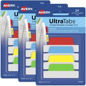 Avery Margin Ultra Tabs, 2.5" x 1", 2-Side Writable, Assorted Colors, 24 Repositionable Page Tabs Per Pack, 72 Total (3-Pack of 74768)