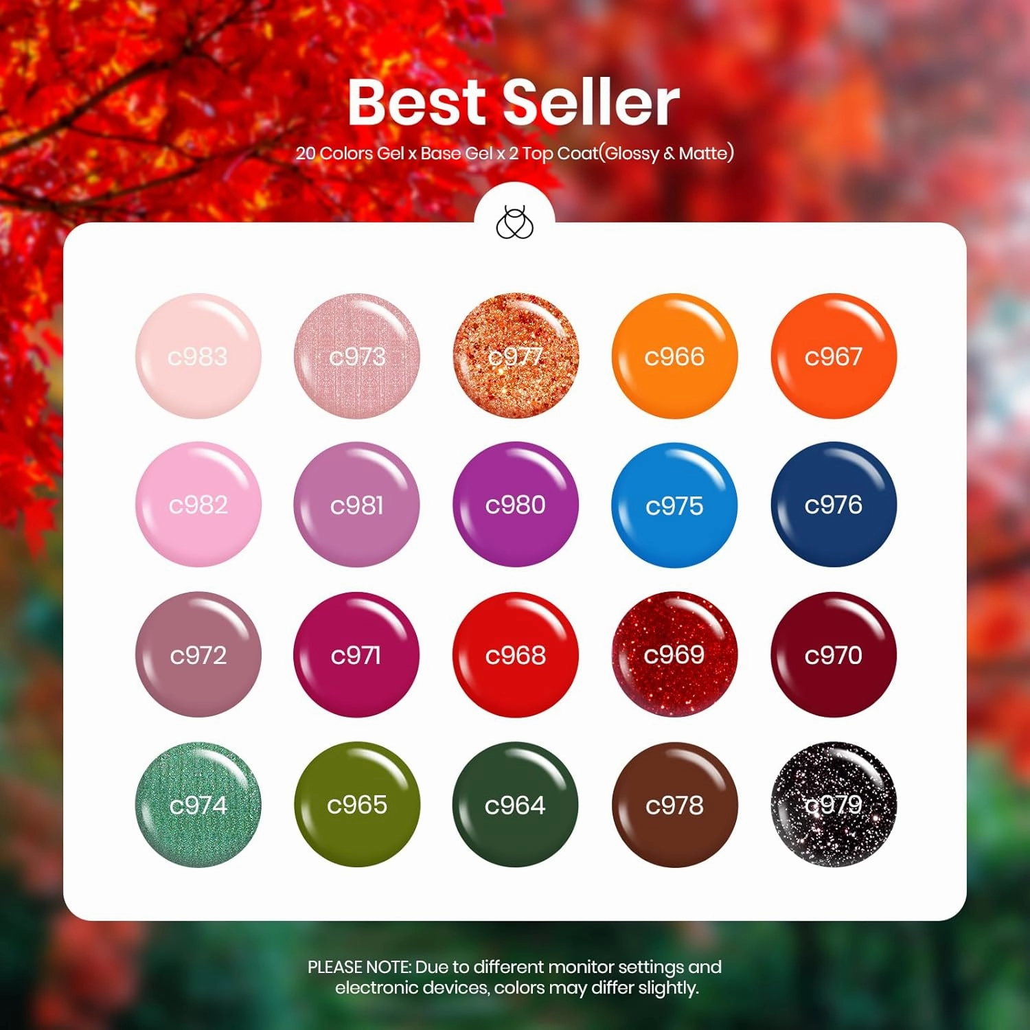 beetles Gel Polish Nail Set 20 Pcs Fall Winter Colors Orange Red Navy Blue Glitter Fall Yard Collection Soak Off LED UV with Gel Base and Top Coat Nail Art Manicure Gift for Girls Women