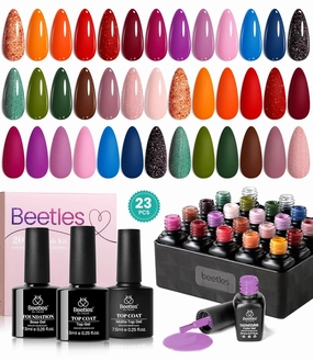 beetles Gel Polish Nail Set 20 Pcs Fall Winter Colors Orange Red Navy Blue Glitter Fall Yard Collection Soak Off LED UV with Gel Base and Top Coat Nail Art Manicure Gift for Girls Women