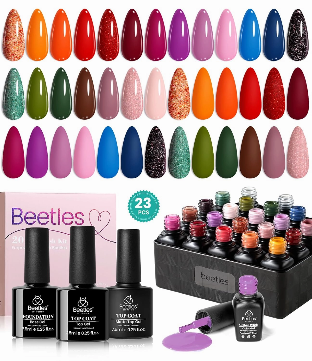 beetles Gel Polish Nail Set 20 Pcs Fall Winter Colors Orange Red Navy Blue Glitter Fall Yard Collection Soak Off LED UV with Gel Base and Top Coat Nail Art Manicure Gift for Girls Women