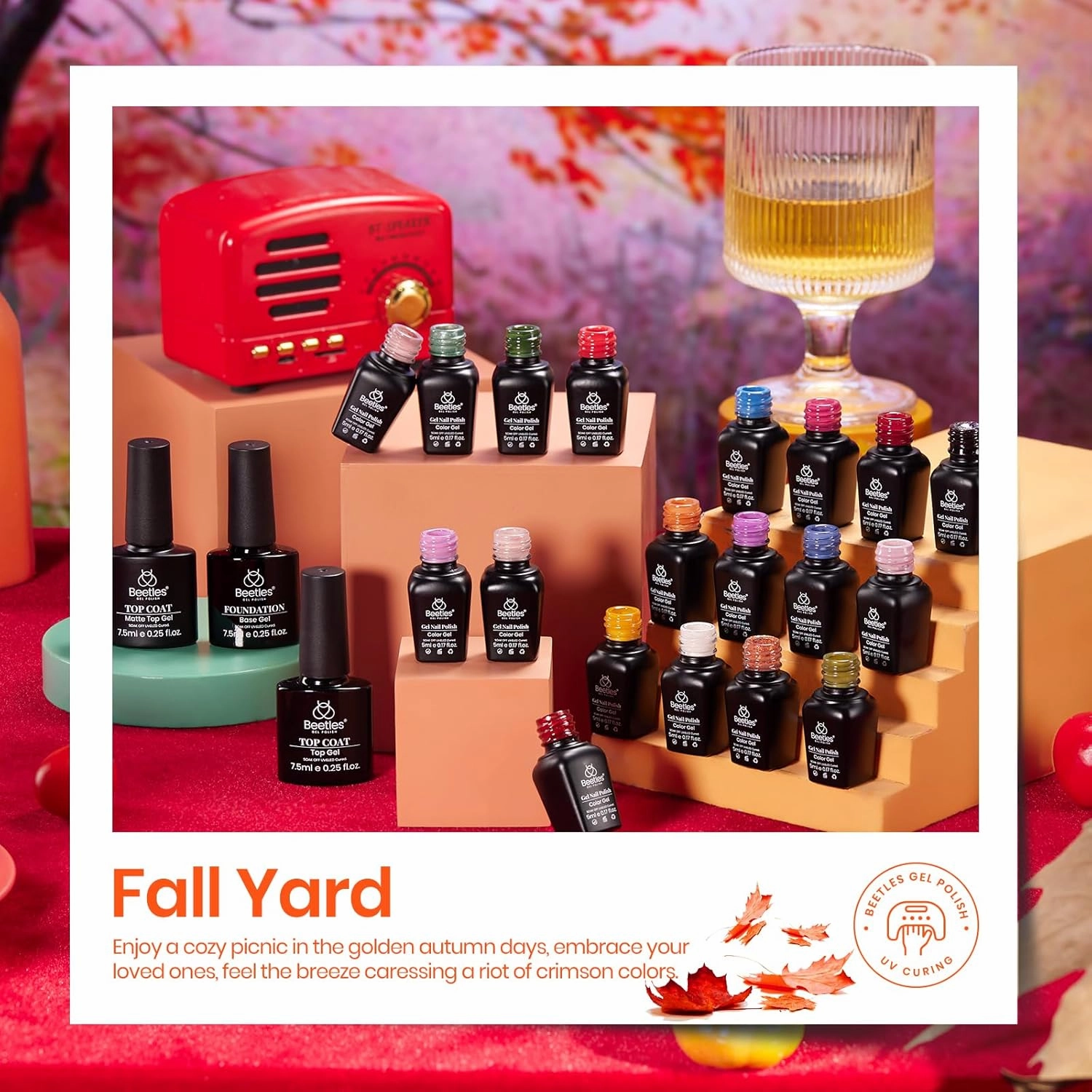 beetles Gel Polish Nail Set 20 Pcs Fall Winter Colors Orange Red Navy Blue Glitter Fall Yard Collection Soak Off LED UV with Gel Base and Top Coat Nail Art Manicure Gift for Girls Women