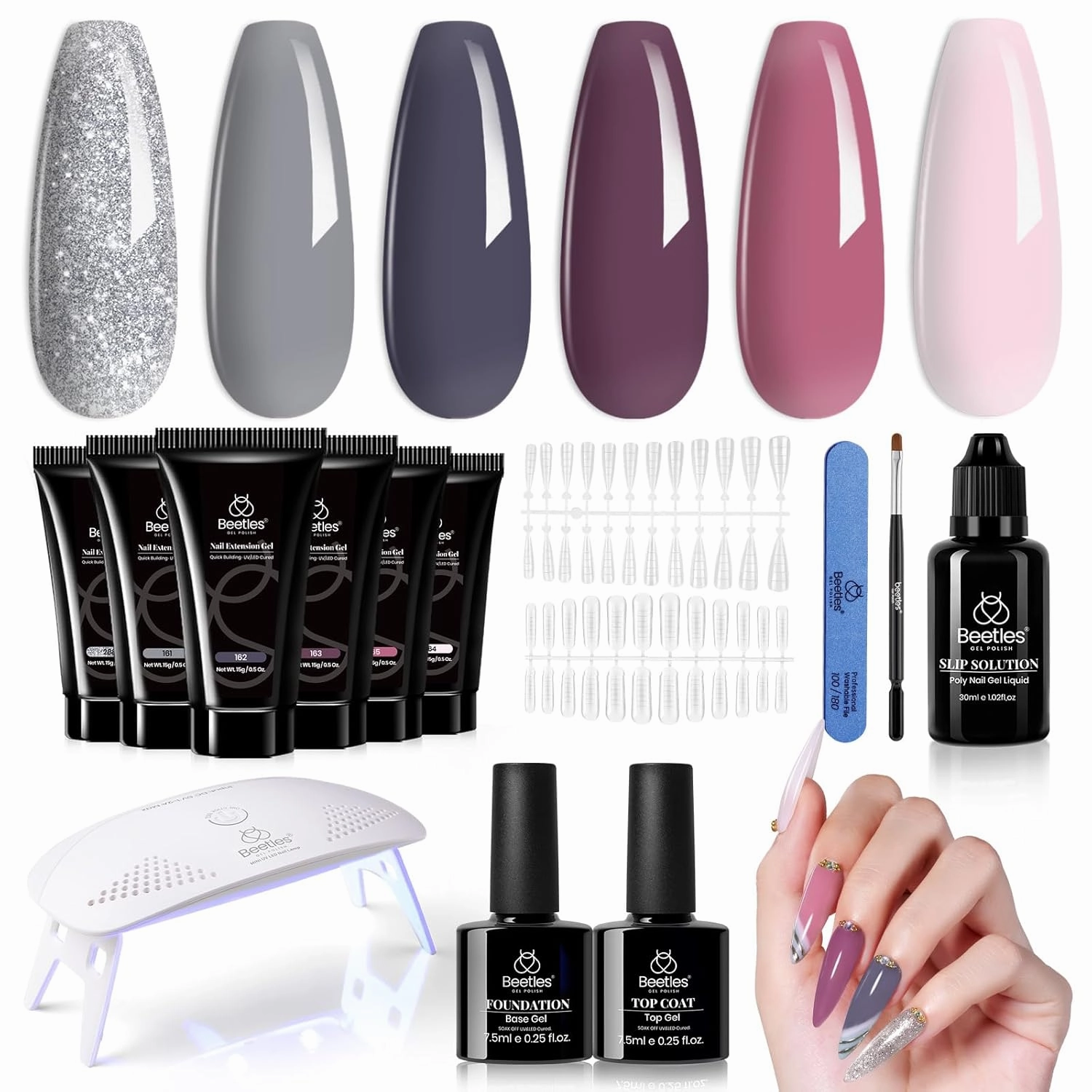 Beetles Poly Nail Extension Gel Kit, 6 Colors Nude Pink Purple Glitter Sliver Grey Poly Nail Gel Starter Kit with UV Lamp Beetles Builder Gel Nail Art Set Home DIY Gifts for Women