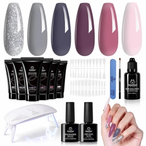 Beetles Poly Nail Extension Gel Kit, 6 Colors Nude Pink Purple Glitter Sliver Grey Poly Nail Gel Starter Kit with UV Lamp Beetles Builder Gel Nail Art Set Home DIY Gifts for Women