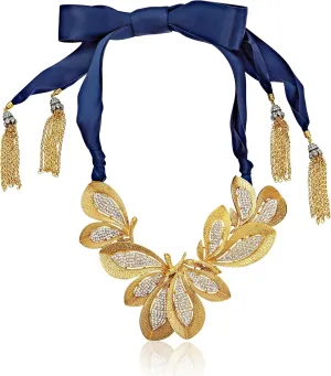 Ben-Amun Jewelry Crystal and Gold-Tone Floral on Ribbon Necklace