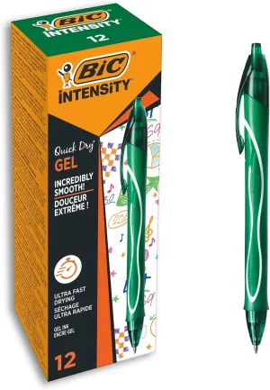 Bic Gel-ocity Quick Dry Gel Pens, Medium Point (0.7 mm), Green, Box of 12, Retractable Pen with Ultra Fast Drying Ink