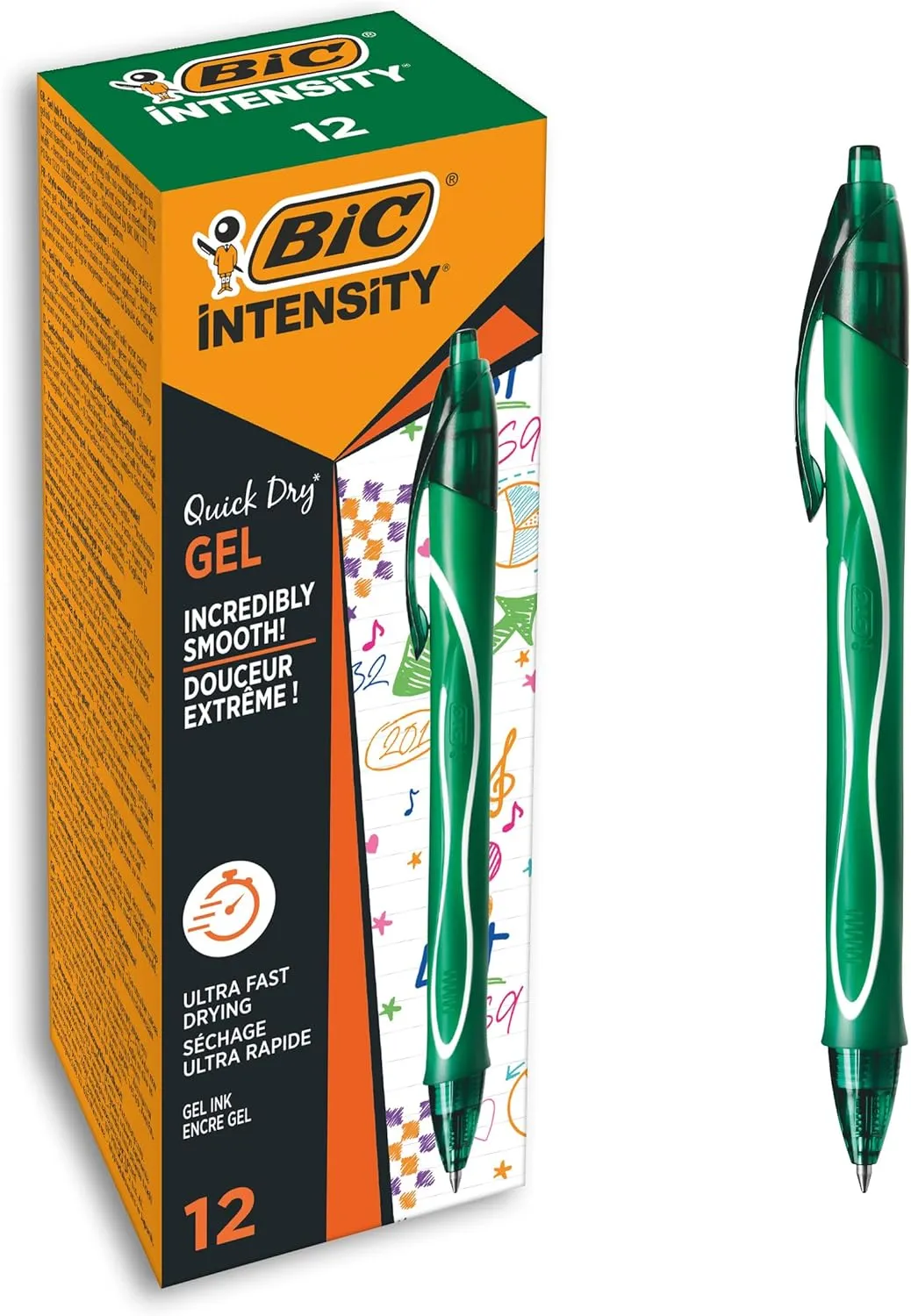 Bic Gel-ocity Quick Dry Gel Pens, Medium Point (0.7 mm), Green, Box of 12, Retractable Pen with Ultra Fast Drying Ink