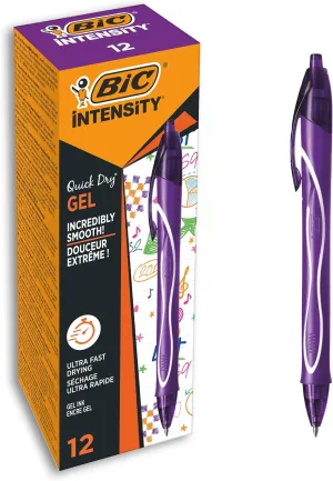 Bic Gel-ocity Quick Dry Gel Pens, Medium Point (0.7 mm), Purple, Box of 12, Retractable Pen with Ultra Fast Drying Ink